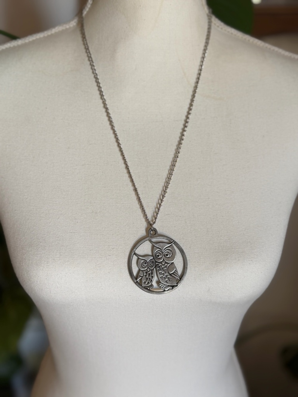 Vintage Silver Pewter Owl Pendant Necklace